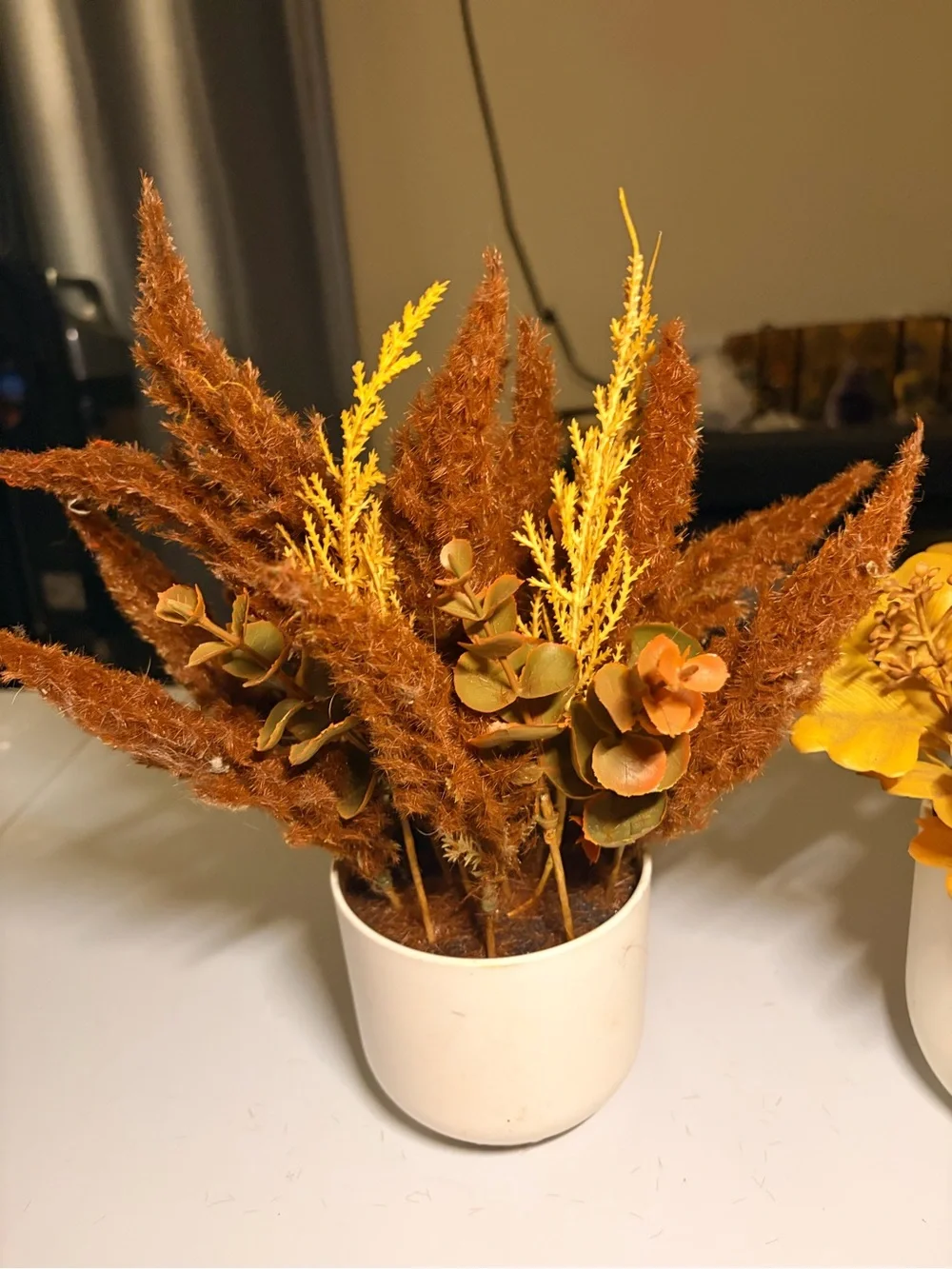 Artificial Fall Floral Arrangement in White Ceramic Pot - Yellow & Brown